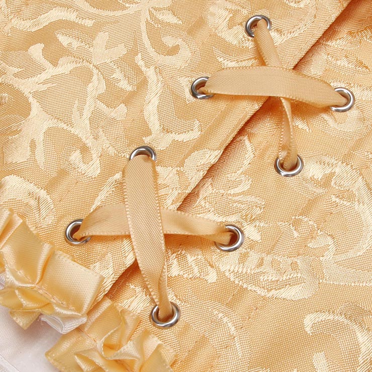 yellow bustier, vintage corset, brocade corset, ruffle trim, Baroque style, dance costume, Renaissance wear, lace-up back, theatrical corset, historical costume, metallic brocade, vintage performance wear, puffed sleeve corset, bridal corset, adjustable corset #N237866