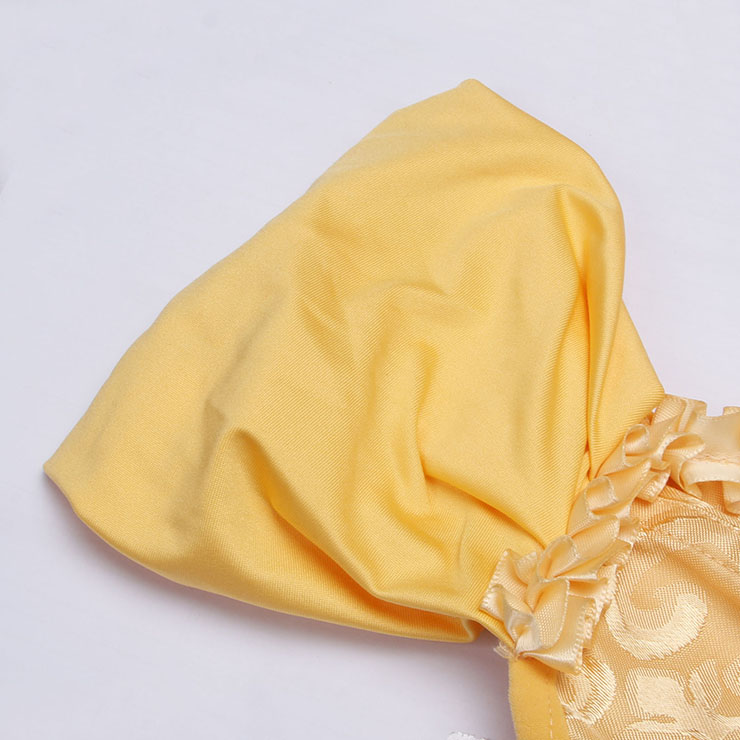 yellow bustier, vintage corset, brocade corset, ruffle trim, Baroque style, dance costume, Renaissance wear, lace-up back, theatrical corset, historical costume, metallic brocade, vintage performance wear, puffed sleeve corset, bridal corset, adjustable corset #N237866