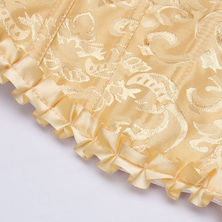 yellow bustier, vintage corset, brocade corset, ruffle trim, Baroque style, dance costume, Renaissance wear, lace-up back, theatrical corset, historical costume, metallic brocade, vintage performance wear, puffed sleeve corset, bridal corset, adjustable corset #N237866