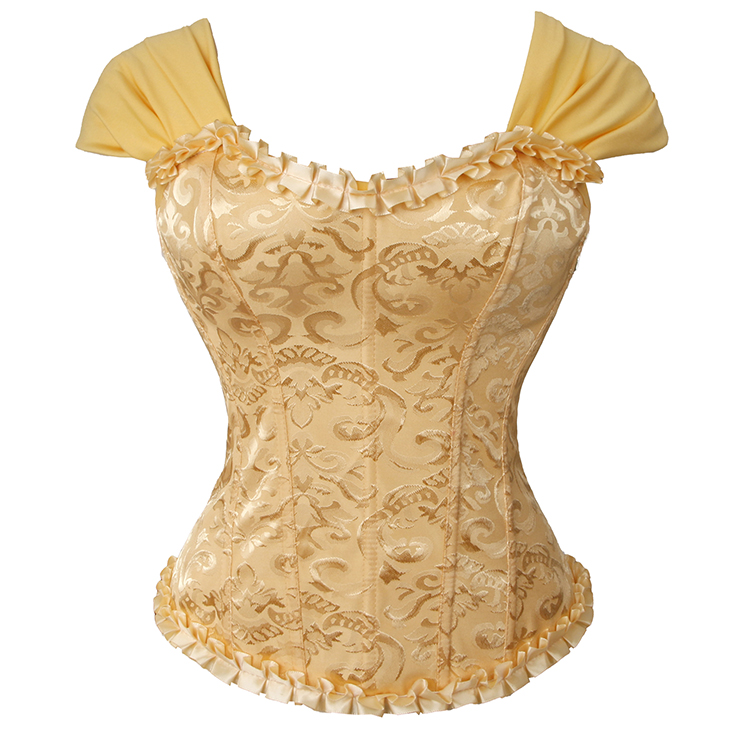 Yellow Lace-Up Dance Bustier Corset with Ruffle Shoulder Straps and Scalloped Hem N237866