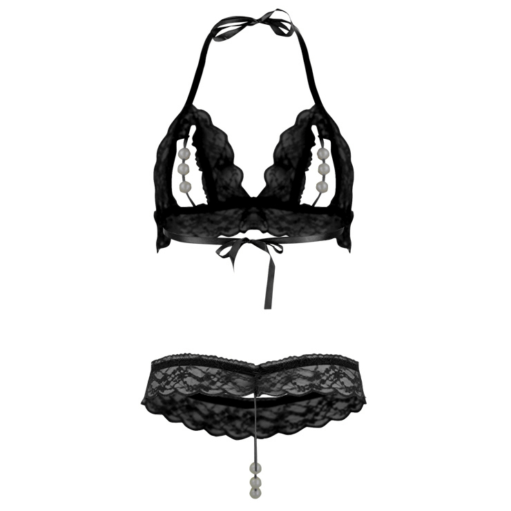 Flirty Black Floral Lace Halter Open Bras And Panty Lingerie Set Ms5004