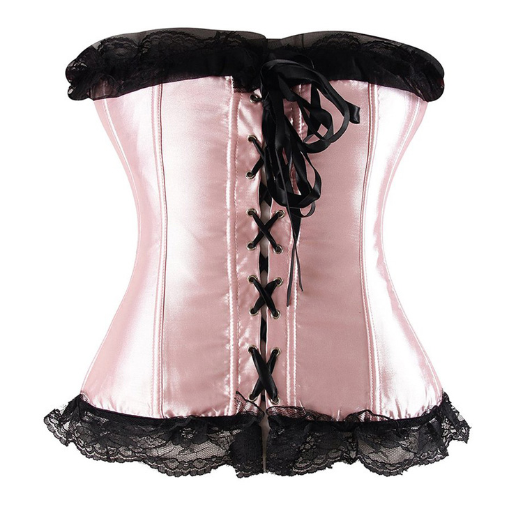 Plus Size Women Boned Corset With Waist Belt, Satin Lace-Up Overbust