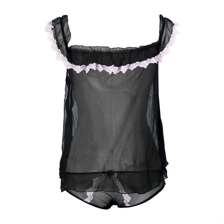 Flirty Black See-through Mesh Ruffle Open Front Uncovers Belly Babydoll ...